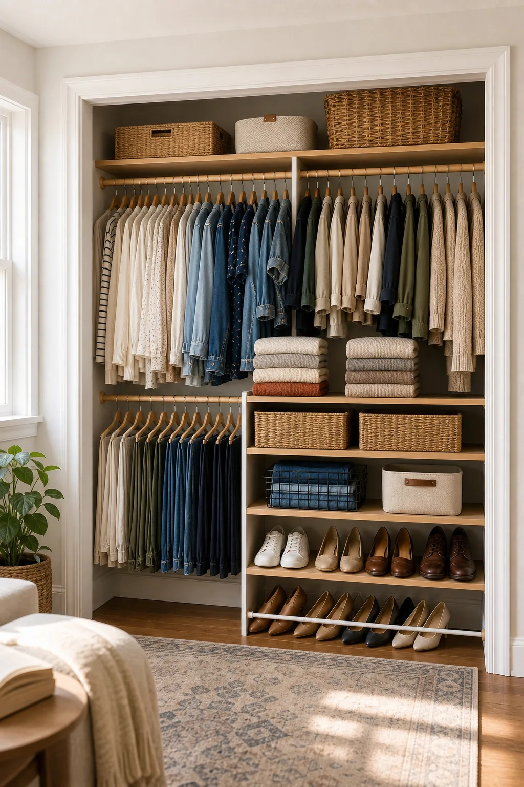 Wide view of a modern reach-in closet showing structural wood divisions and hanging rods.