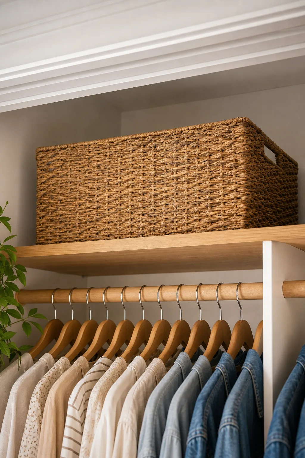 Large woven rectangular basket sitting on the highest wooden closet shelf.