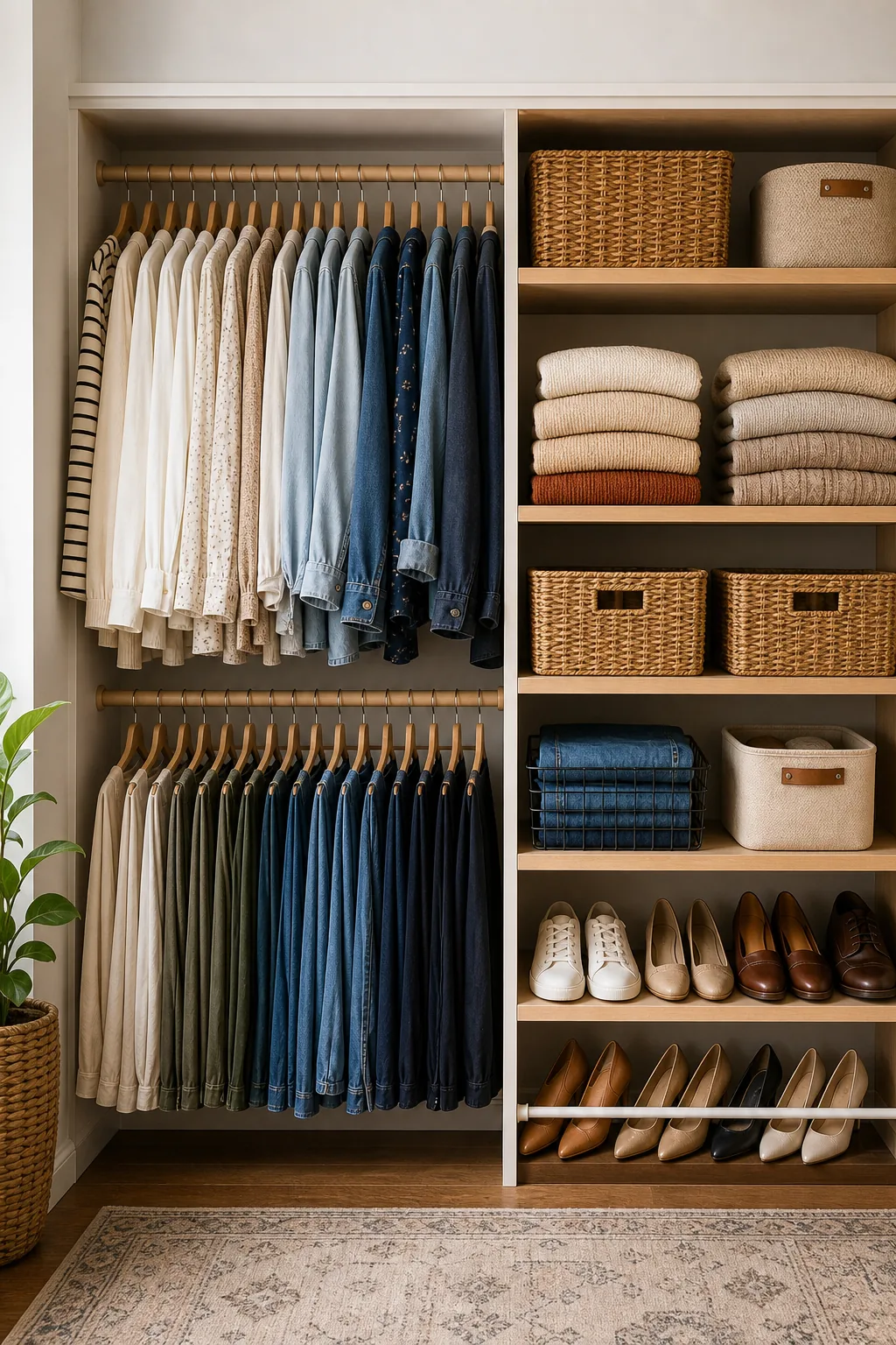 Straight-on view showing hanging shirts on the left and stacked shelves on the right.