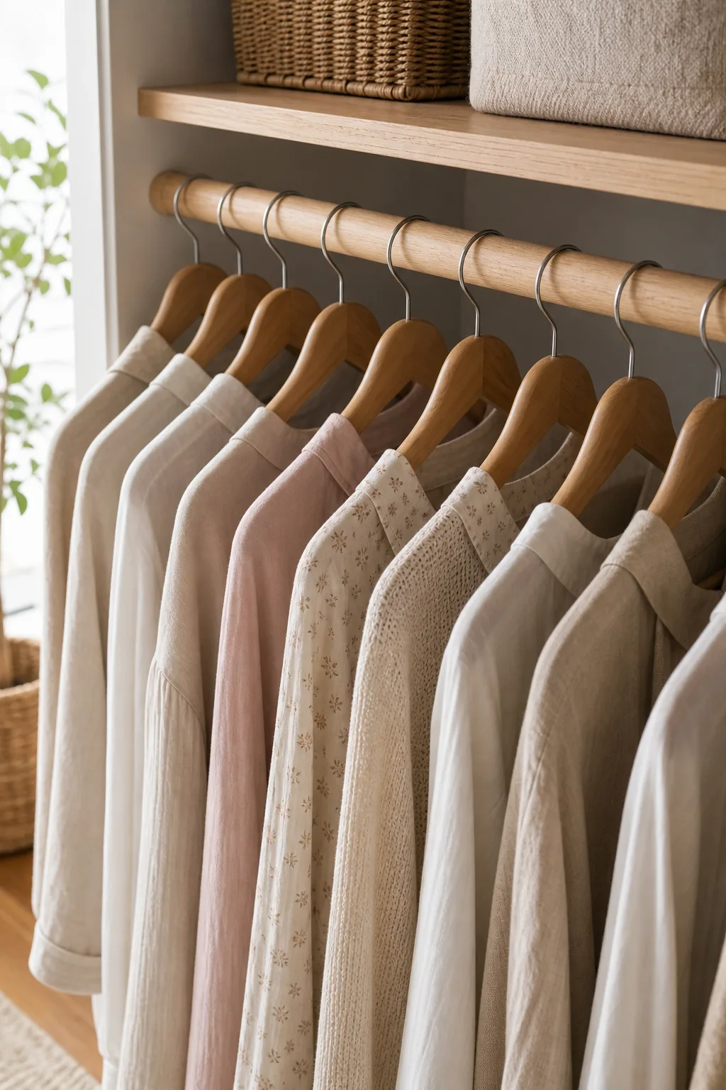 Close-up of identical wooden hangers evenly spaced on a round wooden rod.
