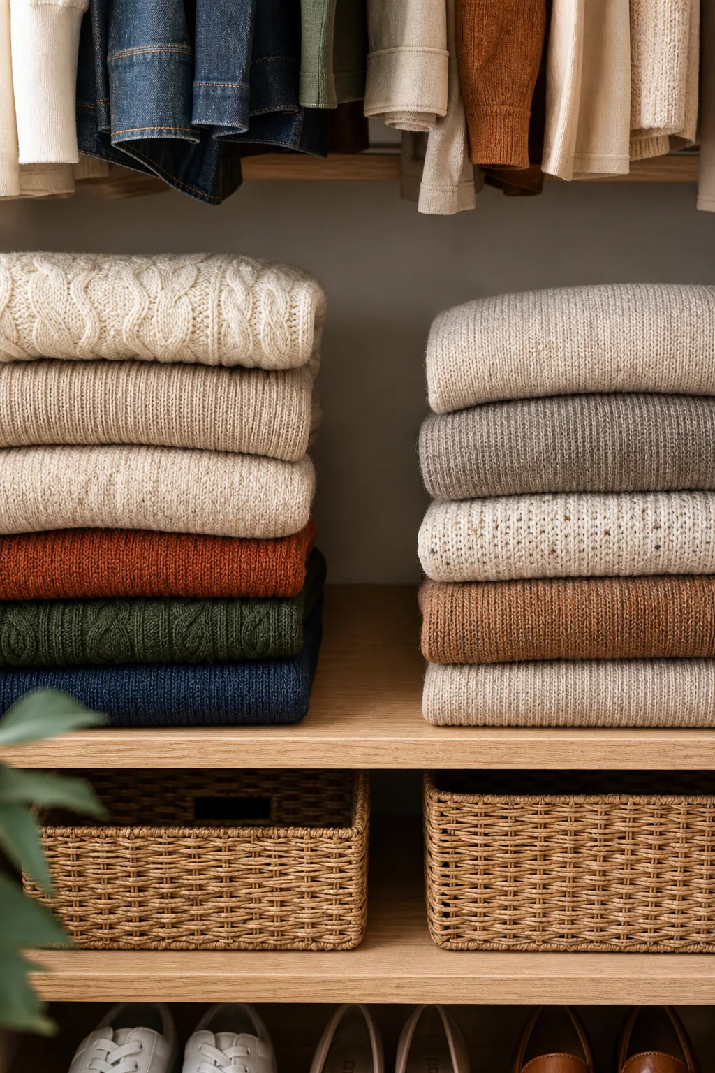 Eye-level view of folded sweaters stacked neatly on a wooden shelf with a visible gap between them.