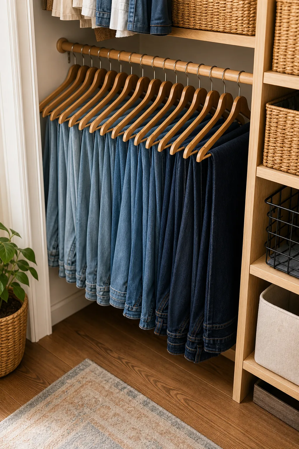 Lower closet rod filled with blue jeans folded over wooden hangers.