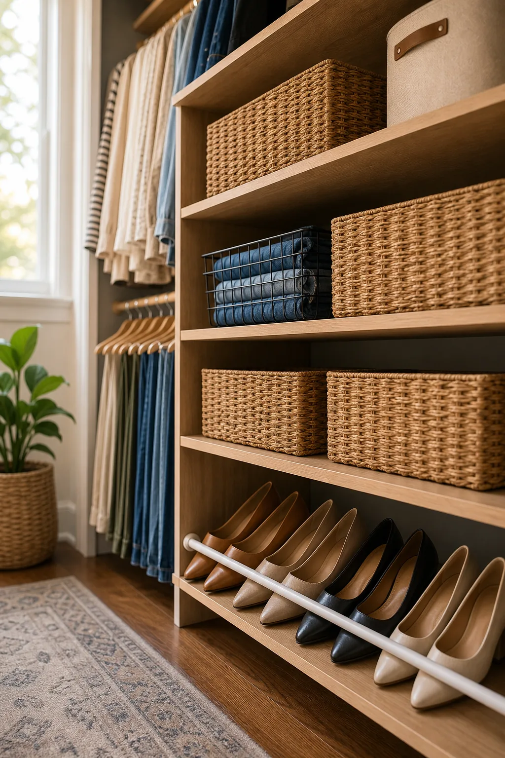 Middle closet shelves holding a mix of woven rectangular baskets and a black wire bin.