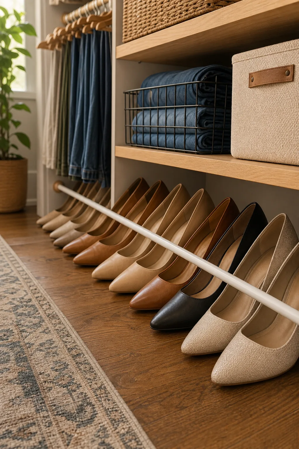 Row of women's shoes angled downward with their heels resting on a low white tension rod.