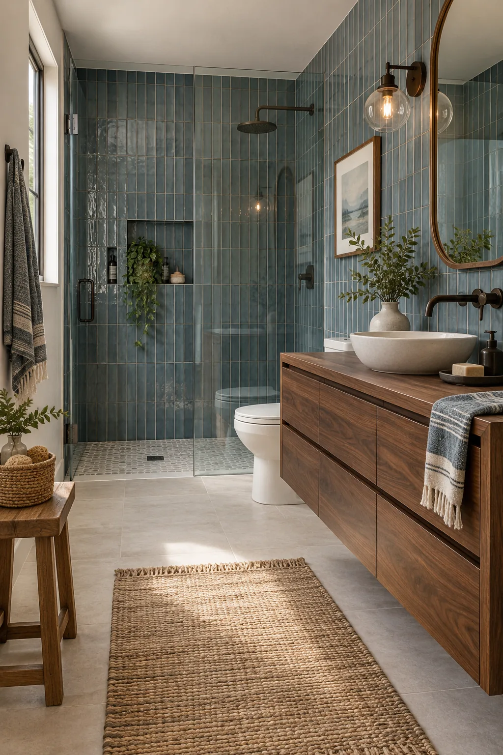 A moody coastal bathroom with slate blue tiles, a walnut vanity, and bronze fixtures.