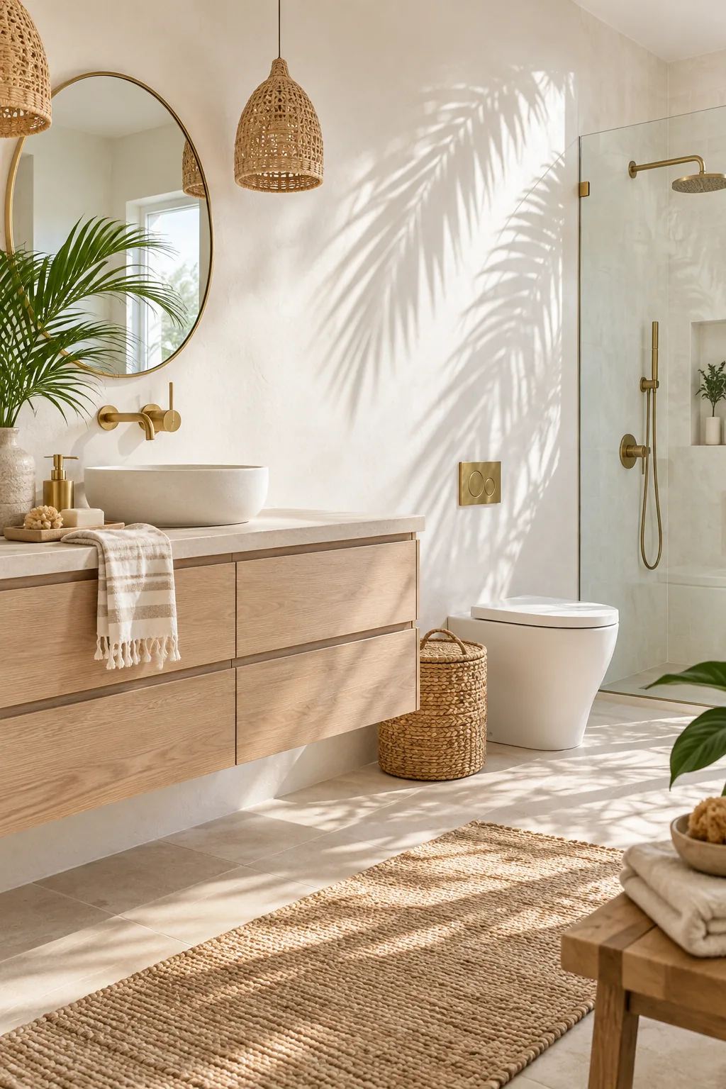 A bright tropical bathroom with white plaster walls, a bleached oak vanity, and polished brass fixtures.