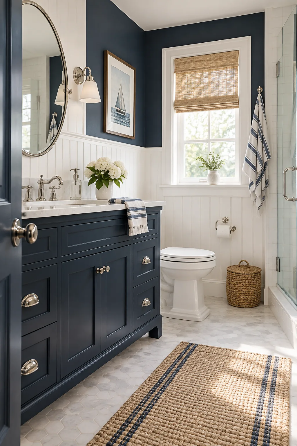 A classic nautical bathroom with a navy blue vanity, white beadboard, and polished nickel hardware.