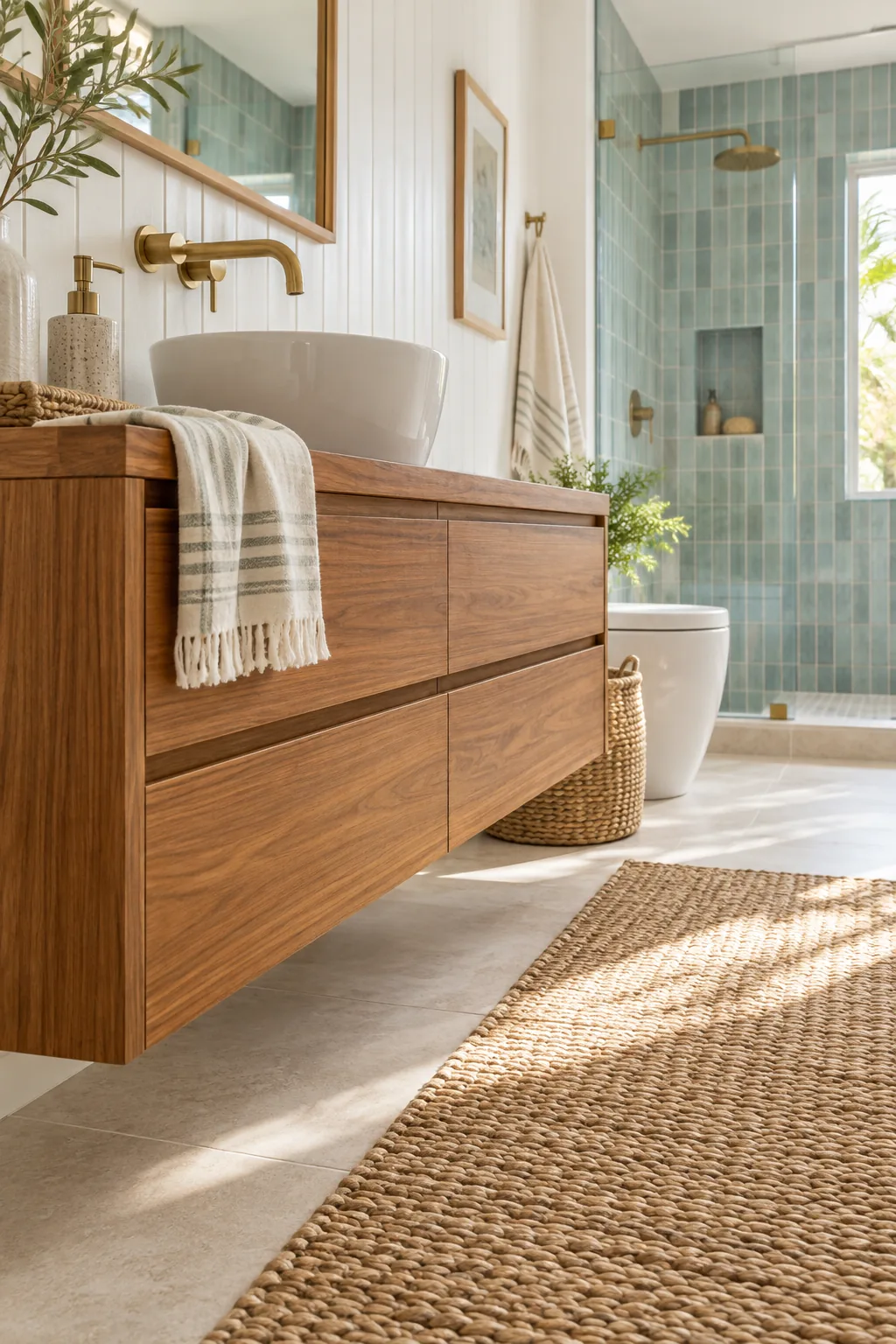 A low-angle view of a floating teak wood bathroom vanity with a 12-inch gap above a light stone floor.
