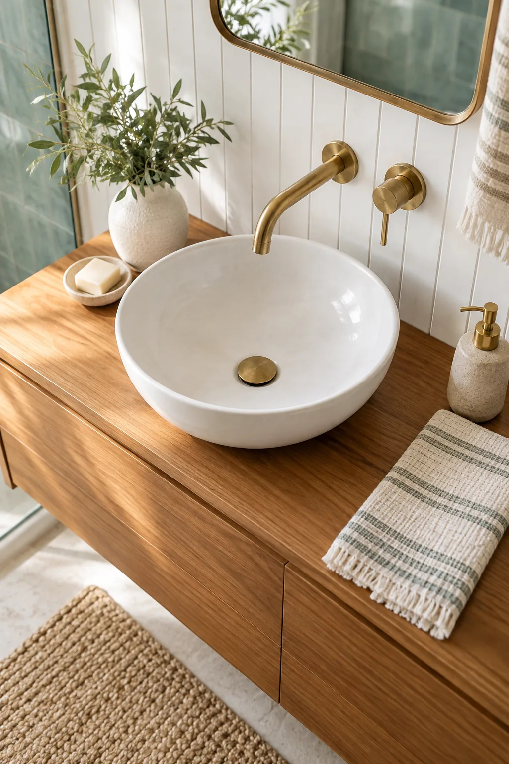 Crisp white vertical V-groove wainscoting meeting a warm teak wood bathroom vanity.