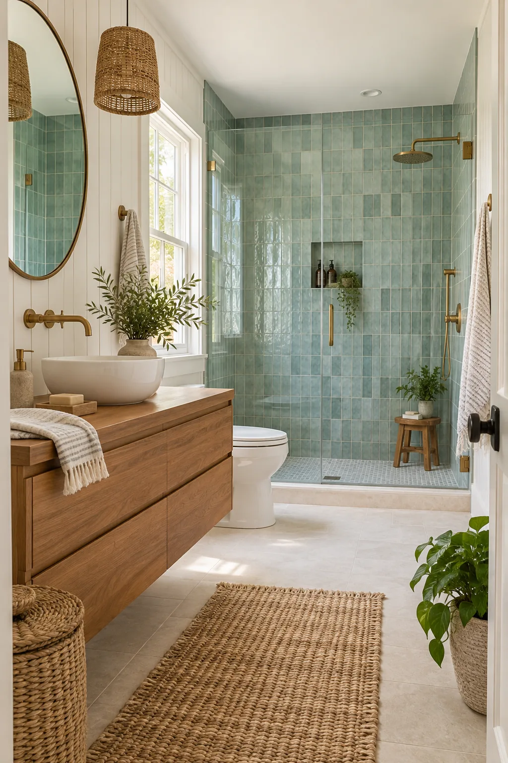 An unlacquered brass wall-mounted faucet installed above a white vessel sink on a teak counter.