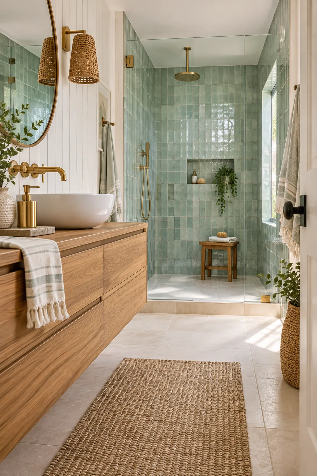 A frameless glass shower enclosure revealing mixed matte and gloss sea-glass green tiles.