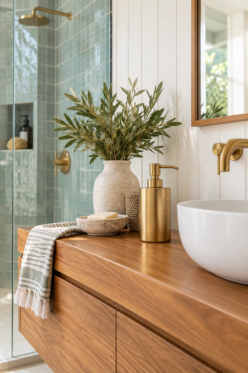 A styled bathroom vignette featuring a brass soap dispenser on a teak counter against green tile and white wainscoting.