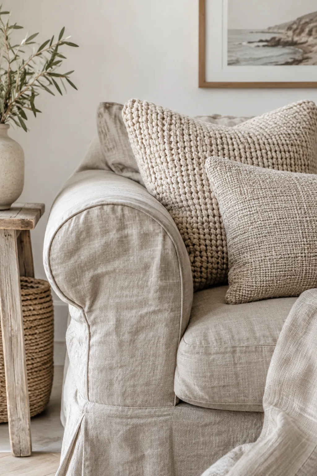 Living room featuring white walls and a beige slipcovered linen sofa with textured pillows