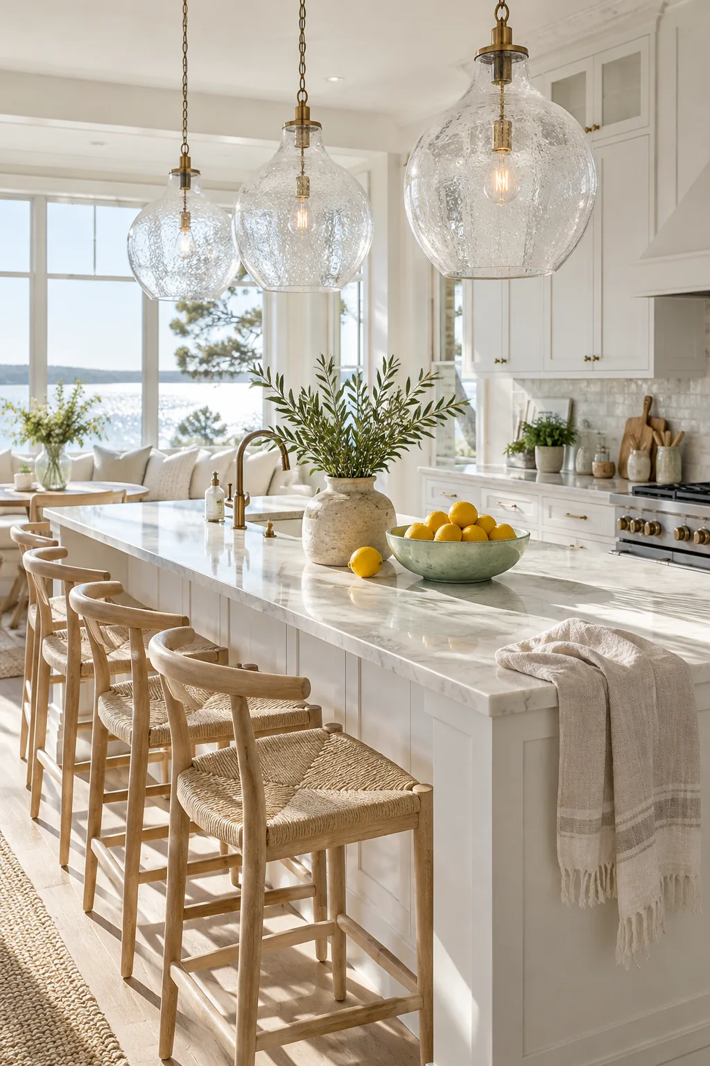Kitchen island illuminated by three large clear seeded glass pendant lights
