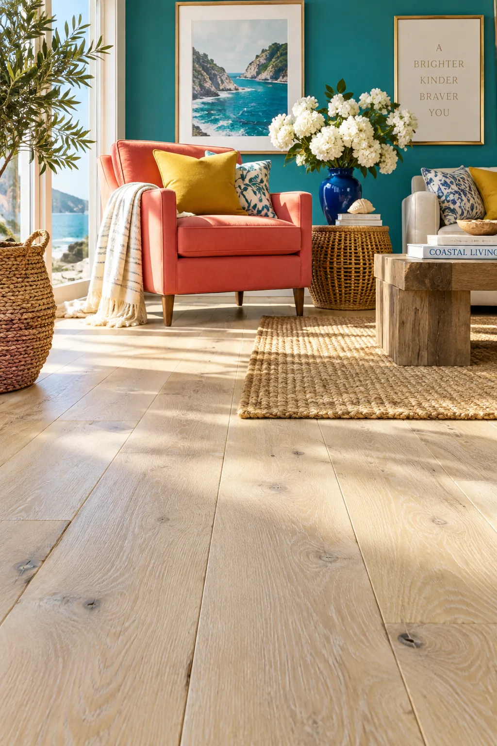 Bright room showcasing wide plank light oak flooring