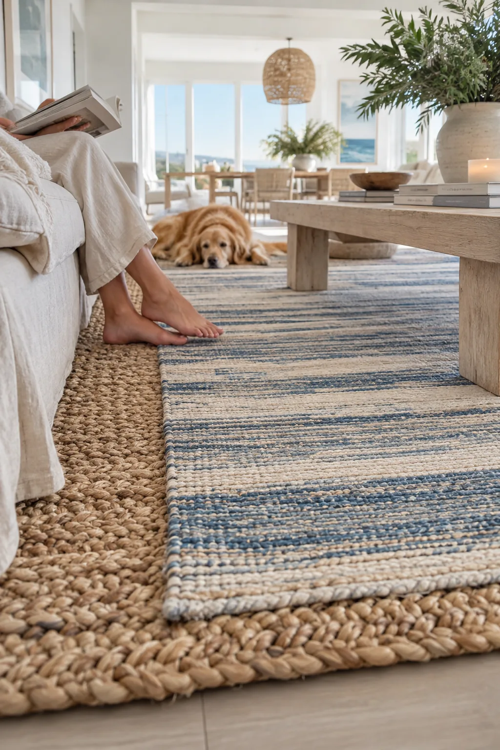 Living room floor showing a striped flatweave rug layered over a large chunky jute rug