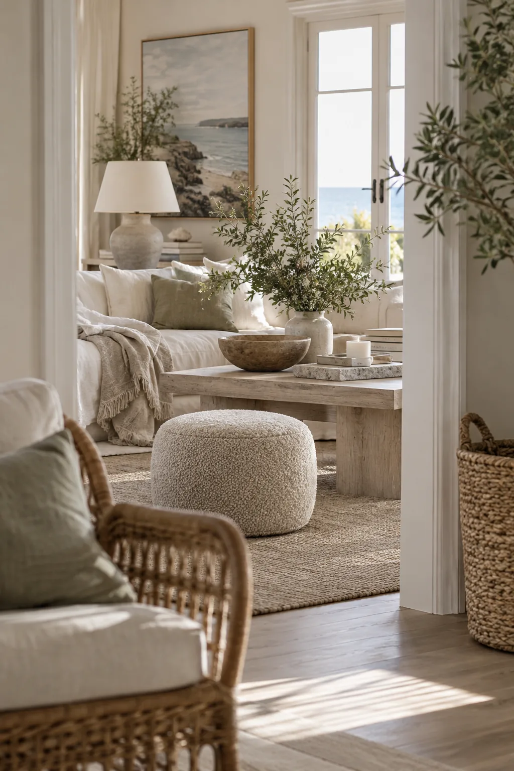 Cozy corner featuring a rattan accent chair, seagrass baskets, and linen curtains