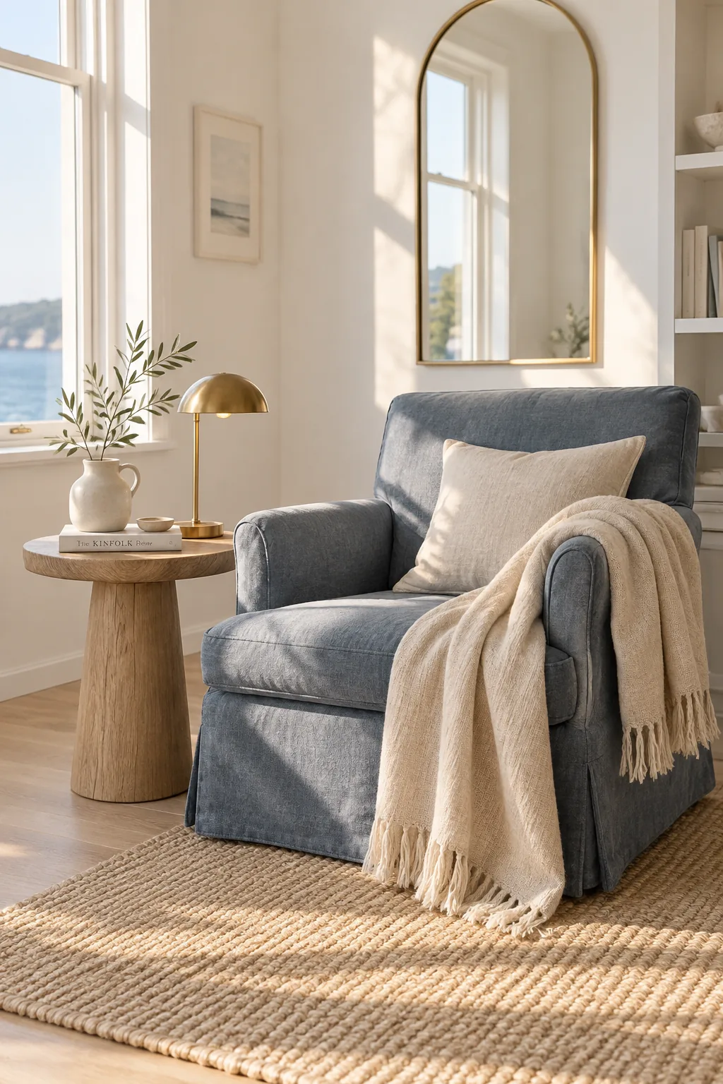 Living space decorated in white, warm sand, and muted slate blue with brass accents