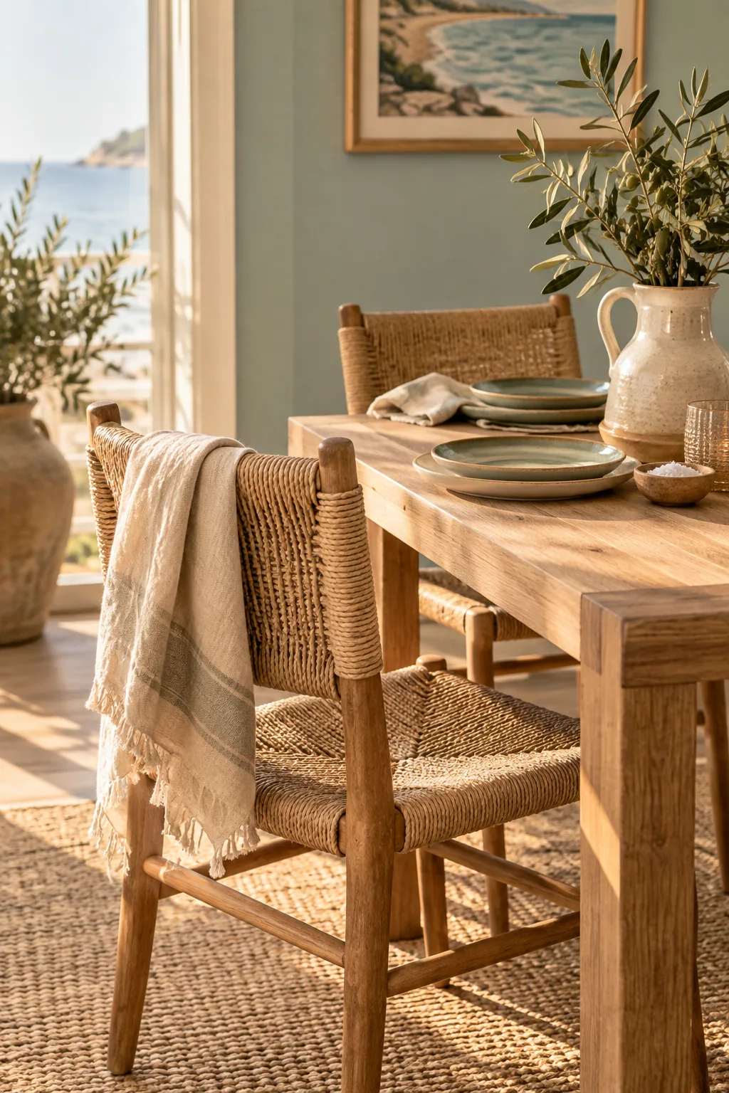 Dining room with a white oak table surrounded by woven loom chairs