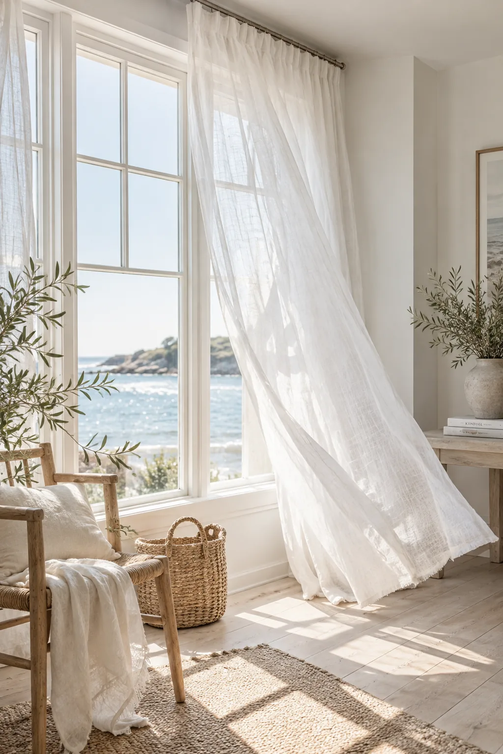 Large windows framed by high-hung sheer unlined linen drapes blowing in the breeze