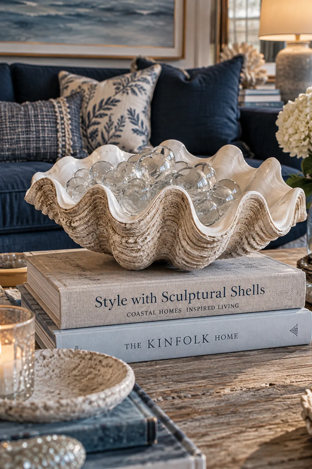 Coffee table styled with design books and a large sculptural clam shell bowl
