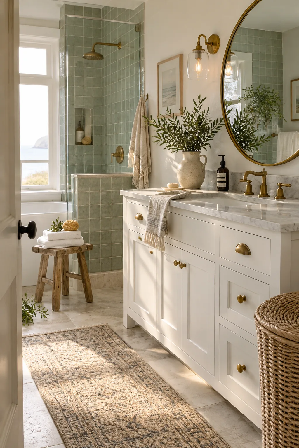 Crisp white bathroom vanity featuring unlacquered brass faucet and hardware