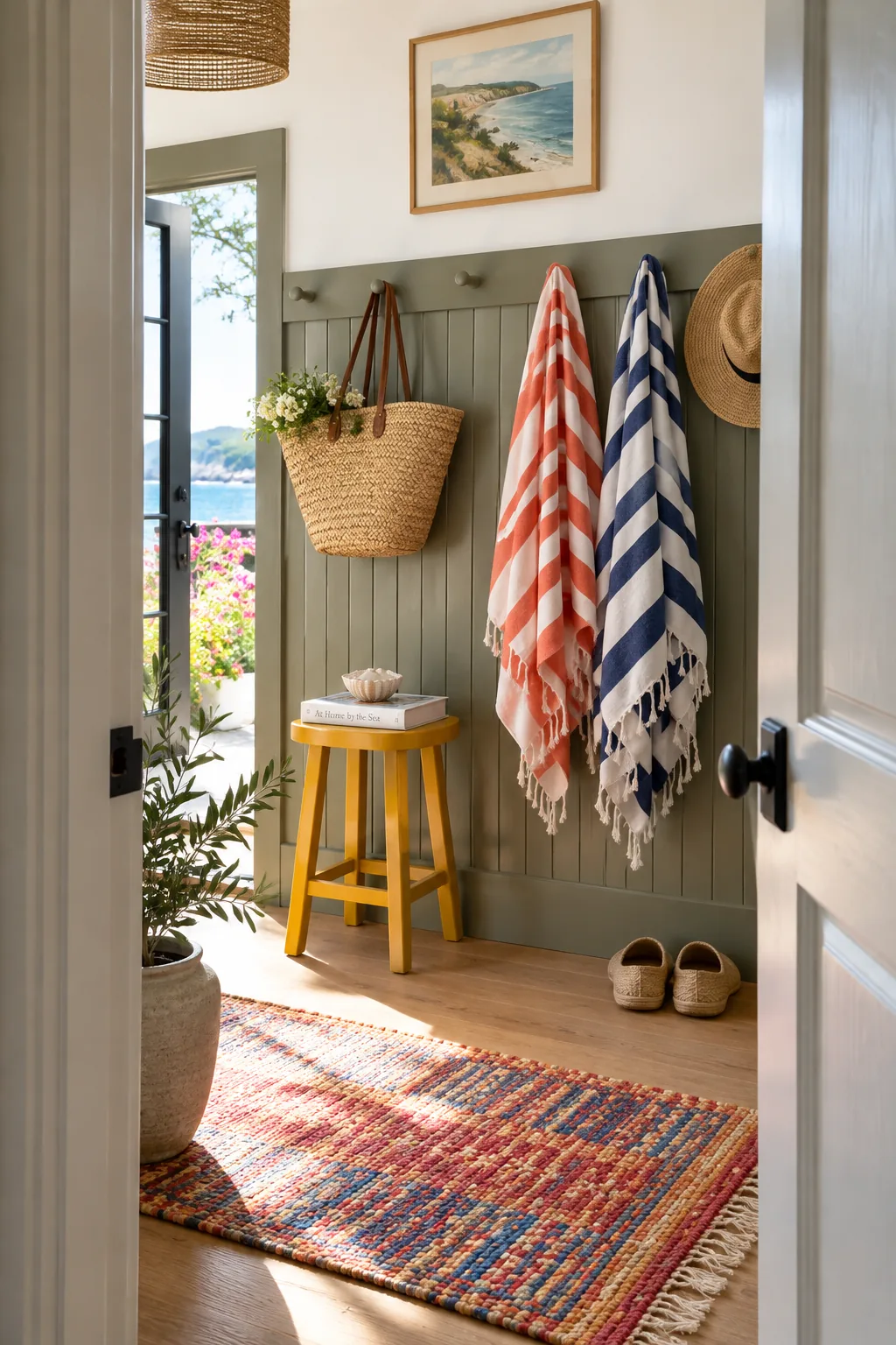 Mudroom wall featuring halfway vertical tongue and groove paneling painted muddy gray-green