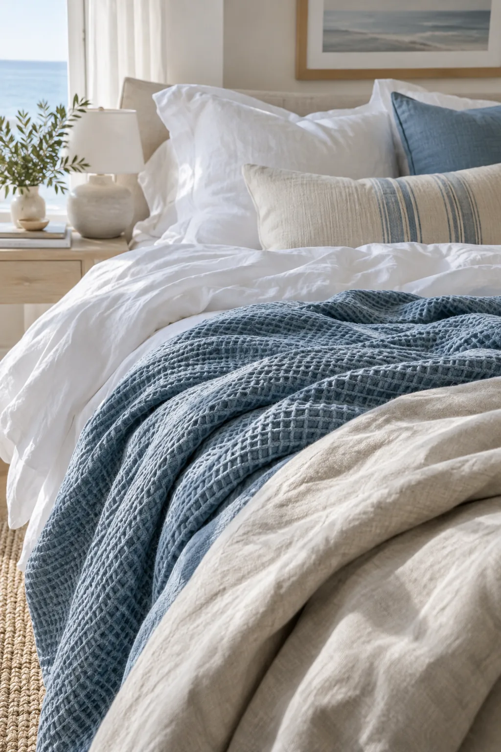 Bed styled with white percale sheets, a blue waffle weave blanket, and a linen duvet