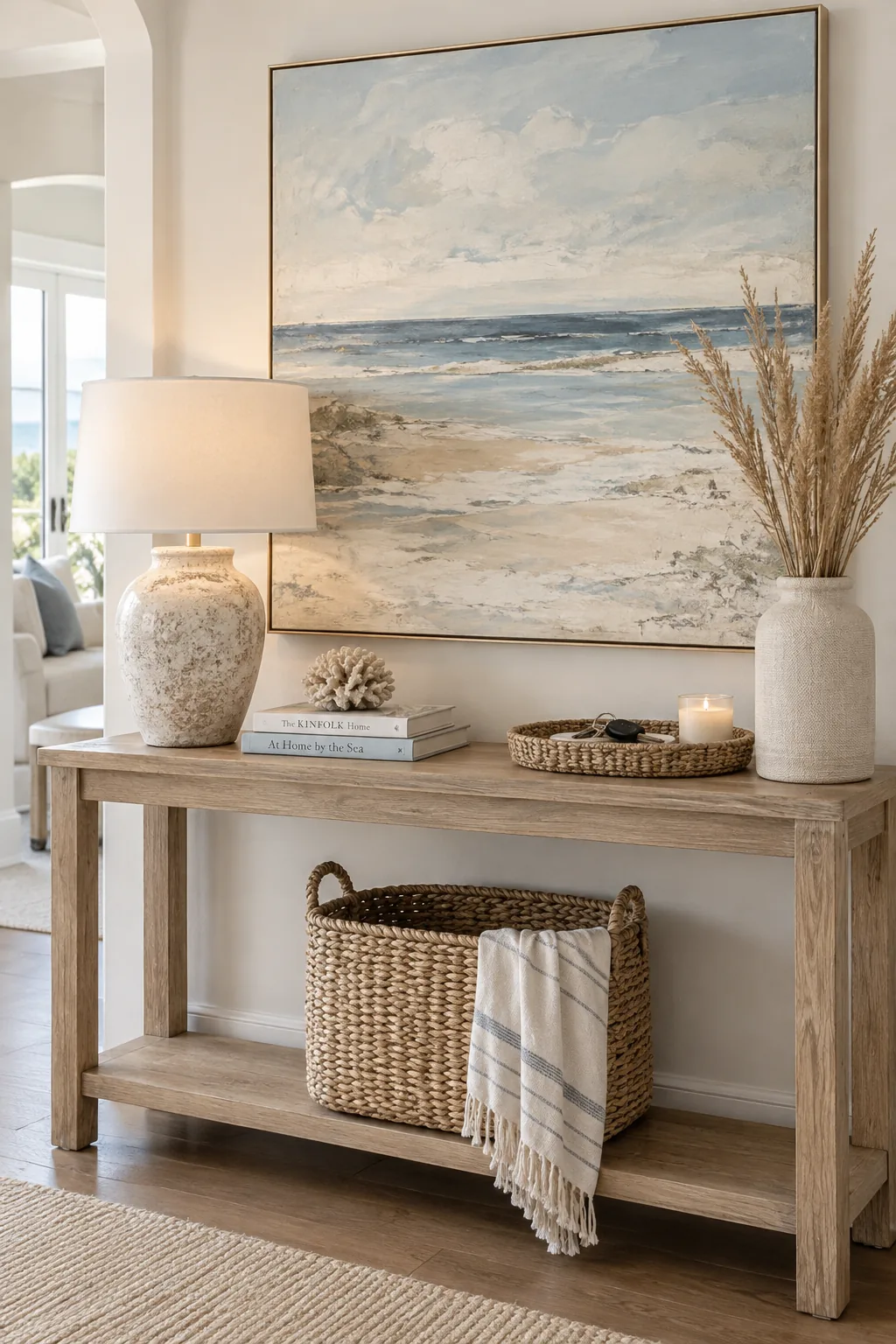 Entryway console table with abstract coastal art, a ceramic vase, and a woven tray