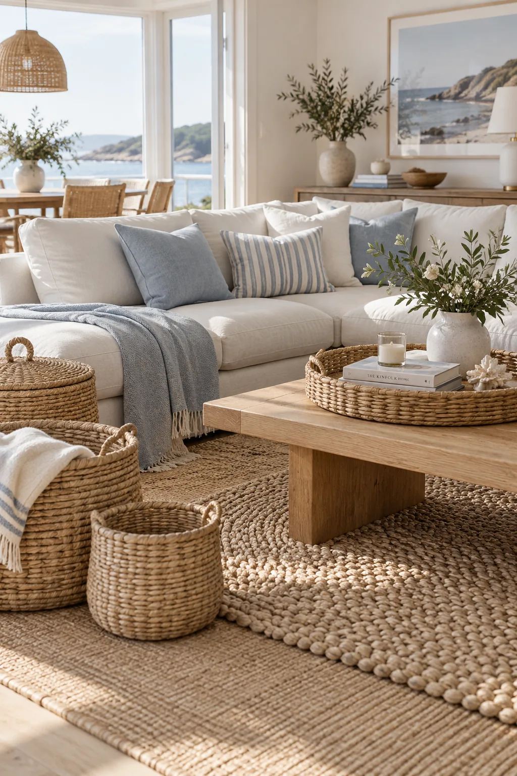 Living room featuring a chunky jute rug and woven rattan baskets