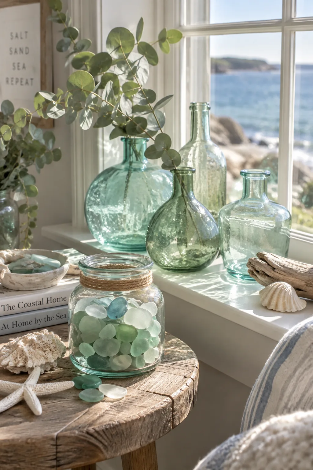 Recycled glass vases in shades of aqua and seafoam on a windowsill