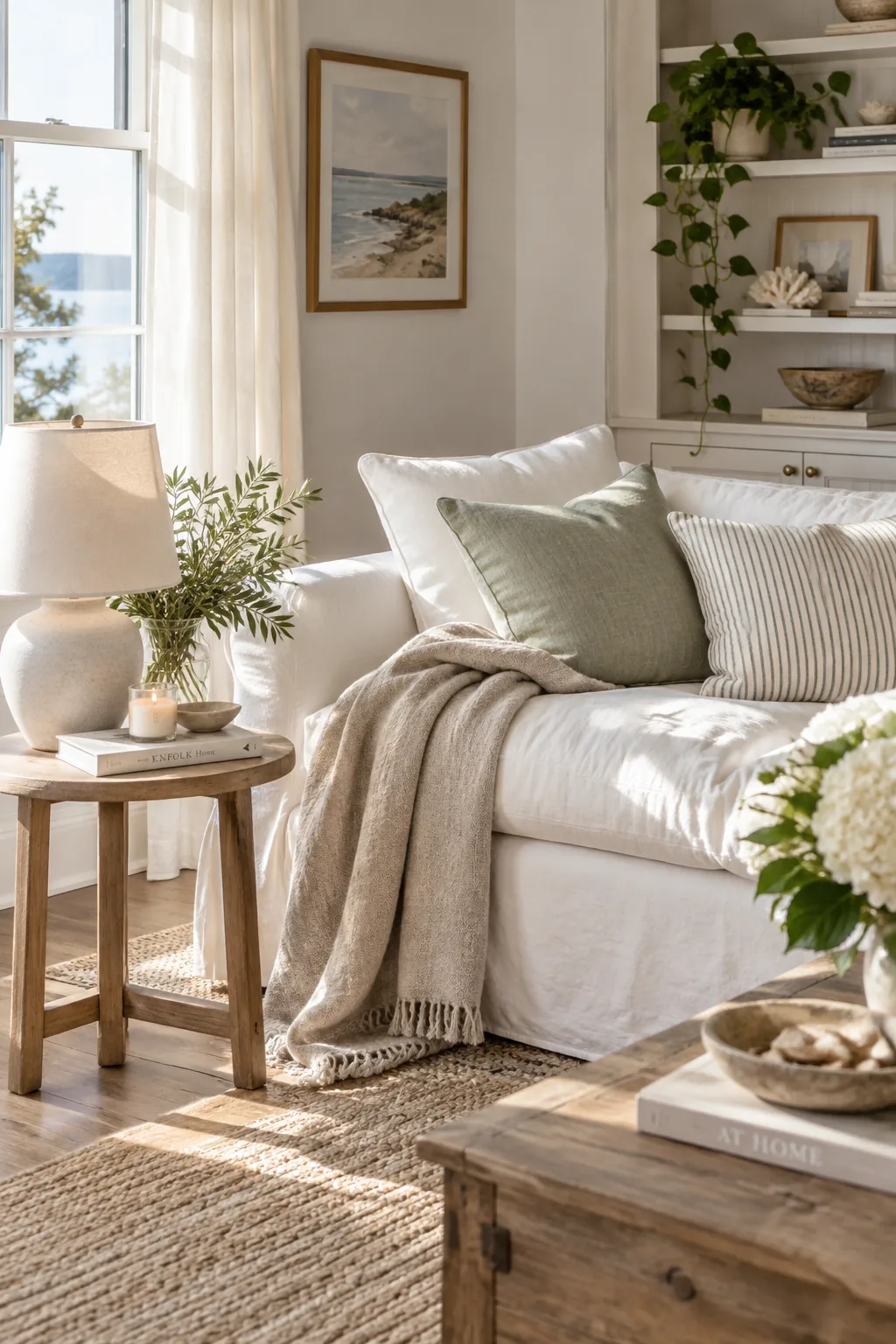 White linen slipcovered sofa in a bright, sunlit living room