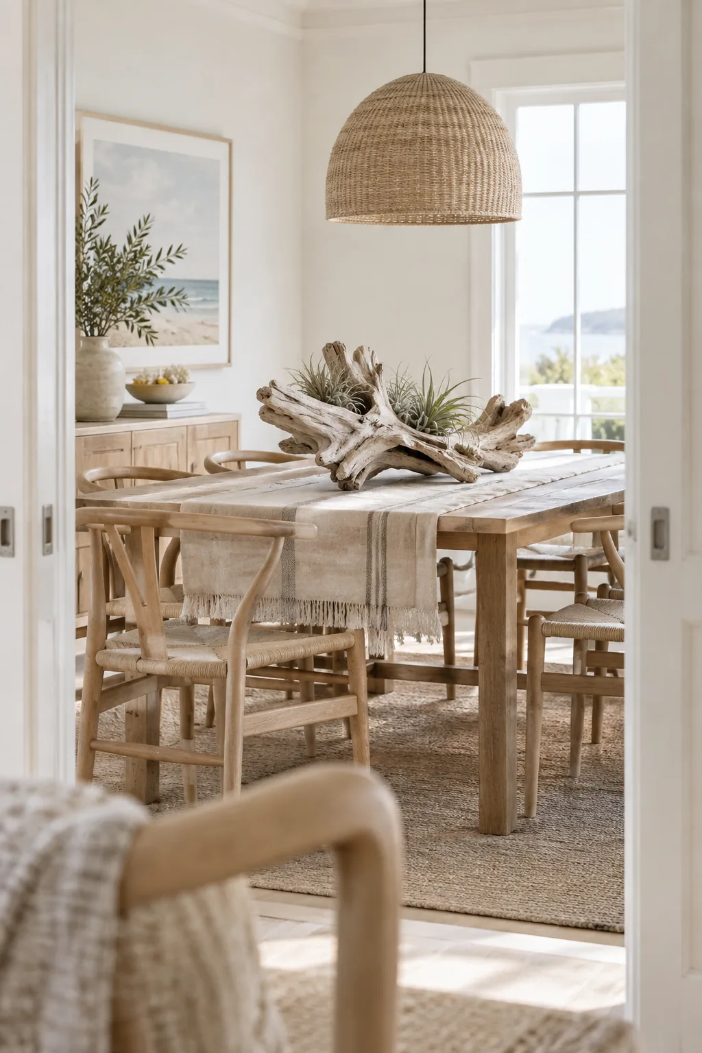 Large bleached driftwood centerpiece displayed on a dining table