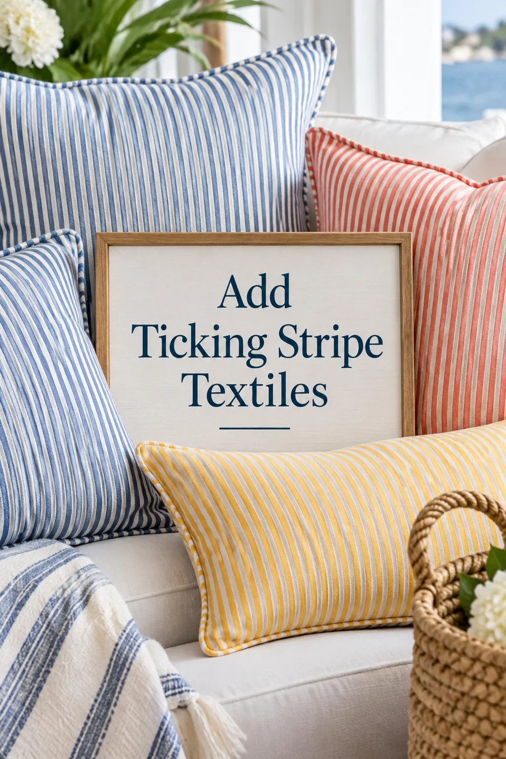 Sofa styled with subtle blue and white ticking stripe pillows