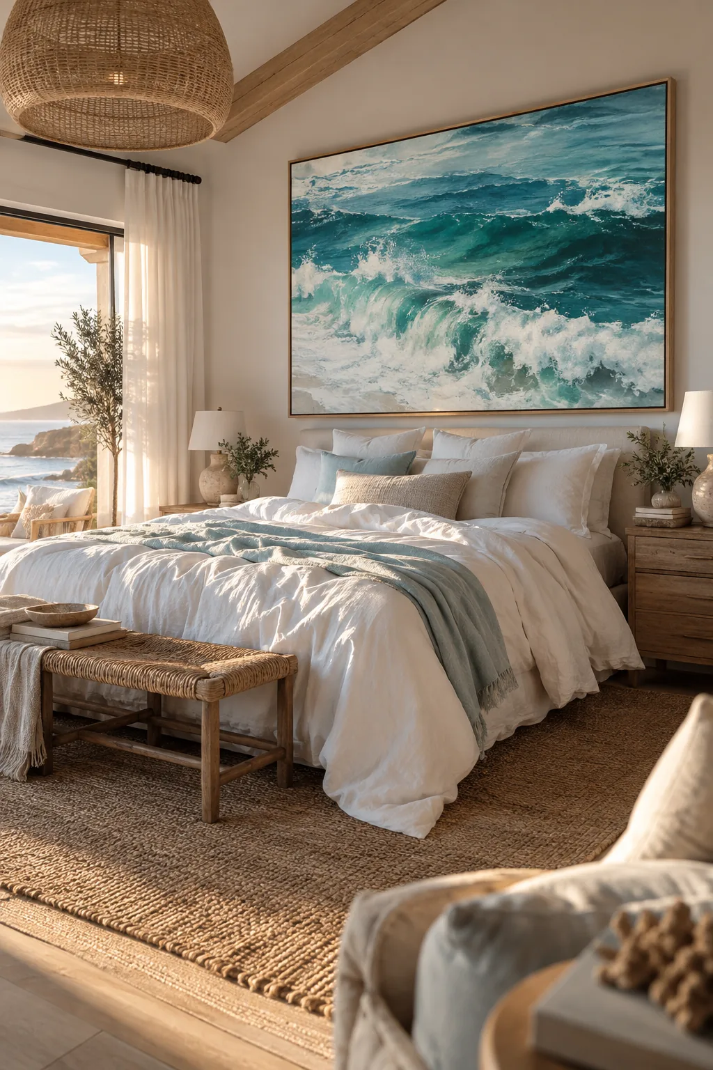 Large abstract ocean painting framed in light ash wood above a console