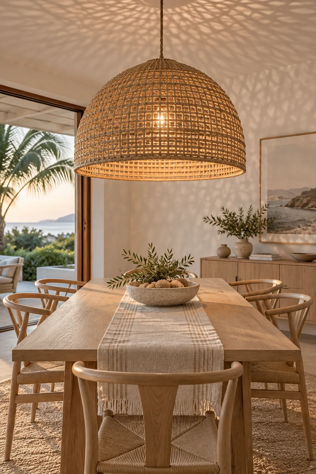 Oversized woven wicker pendant light hanging over a dining table