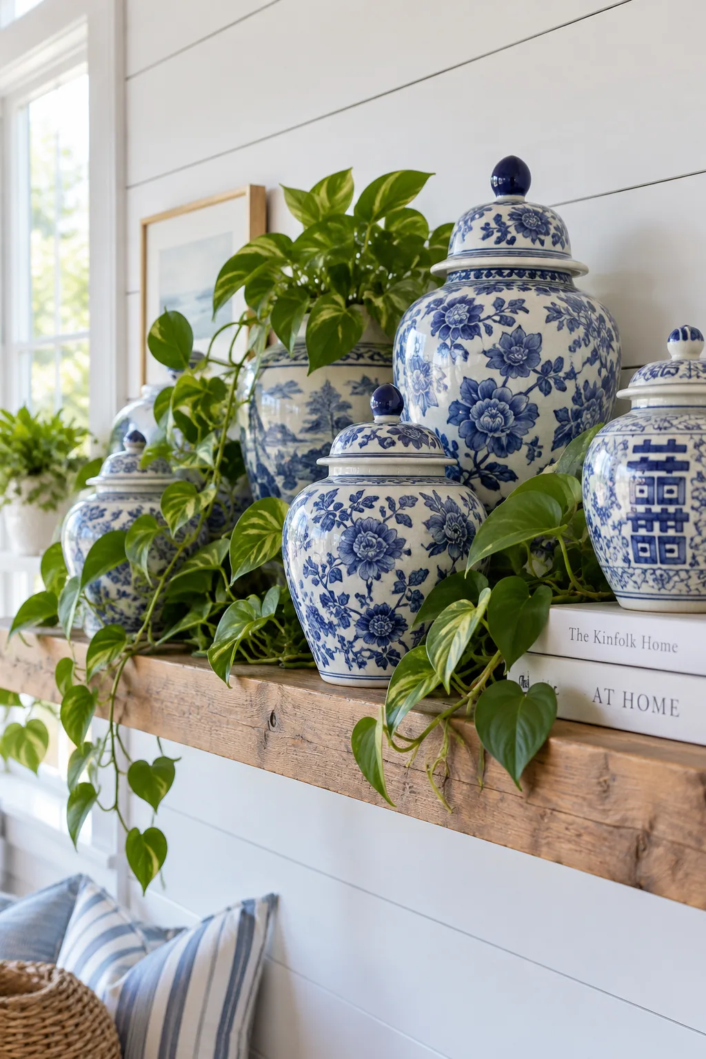 Collection of blue and white ginger jars styled on a floating shelf