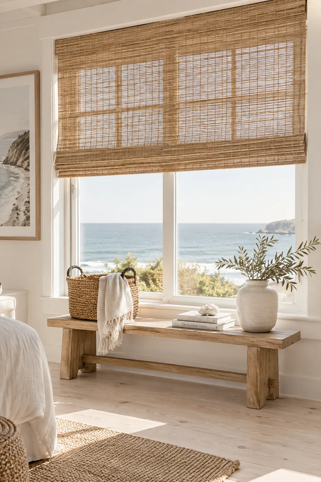 Sheer white linen curtains blowing gently in the breeze by an open window