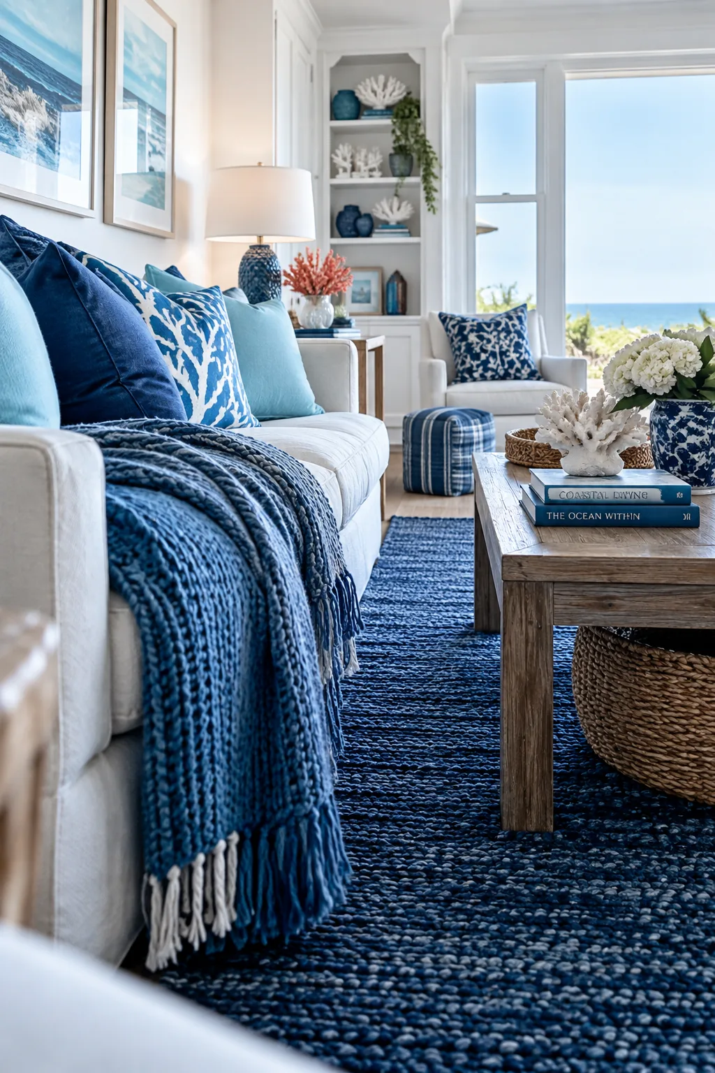 Living room layered with navy, slate blue, and aqua textiles