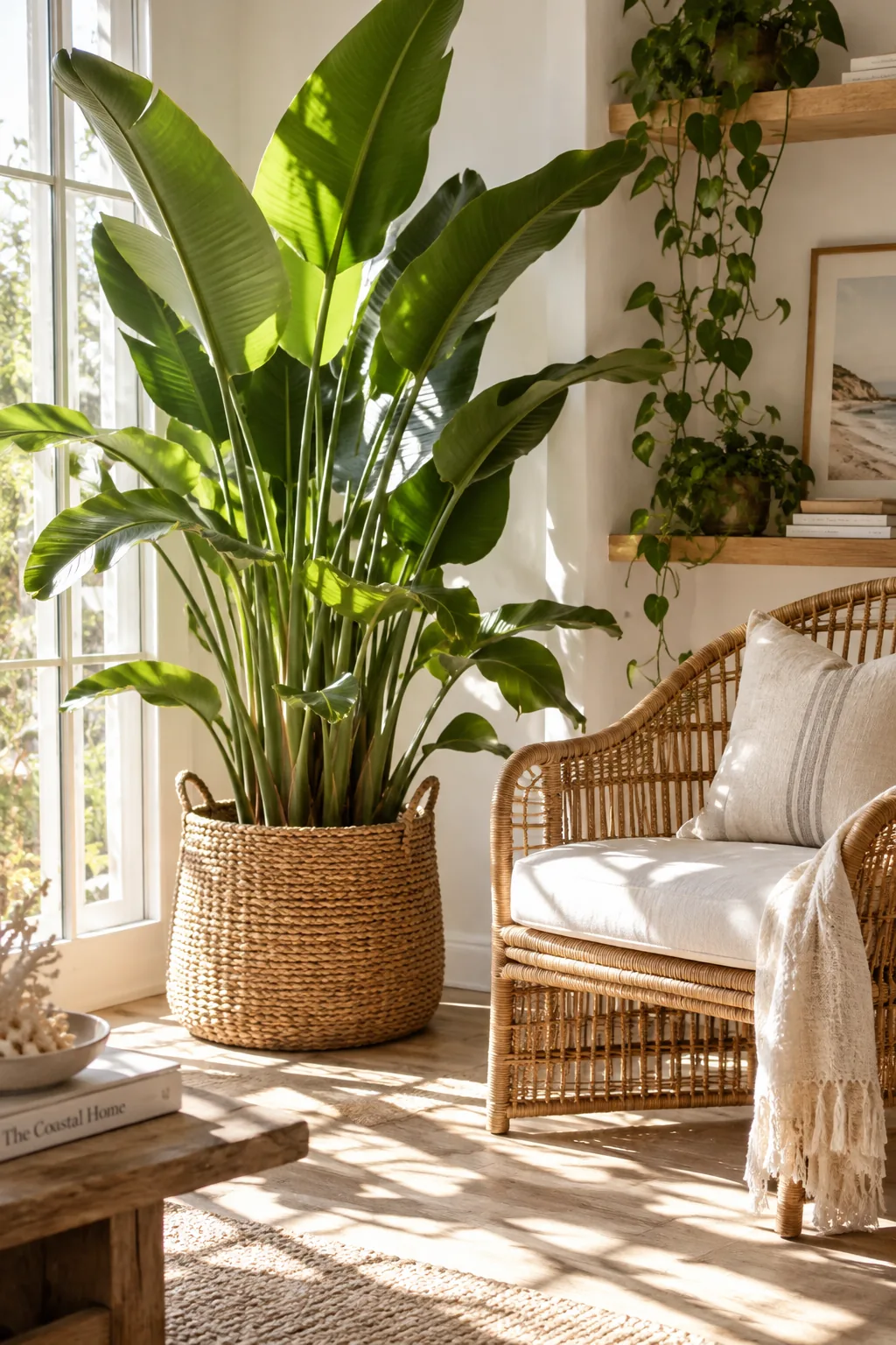 Large Bird of Paradise plant sitting in a woven seagrass basket