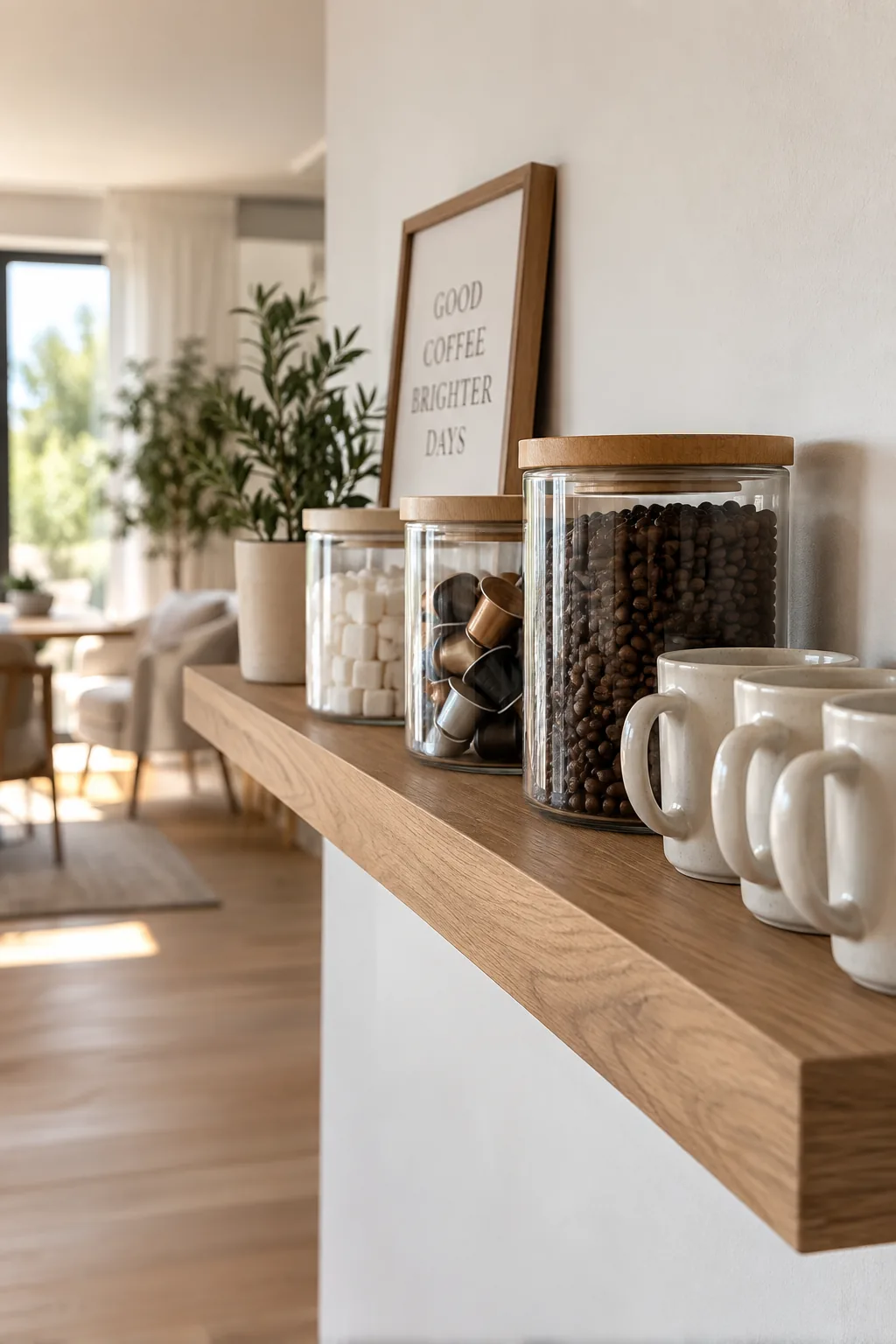 Floating shelf above coffee maker with glass jars