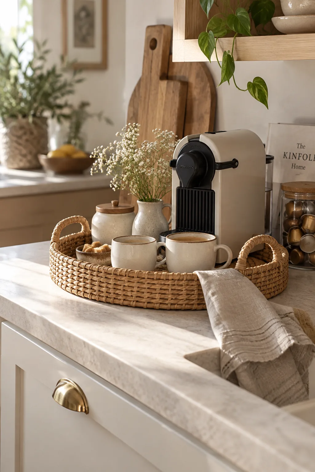 Coffee machine sitting on a woven rattan tray