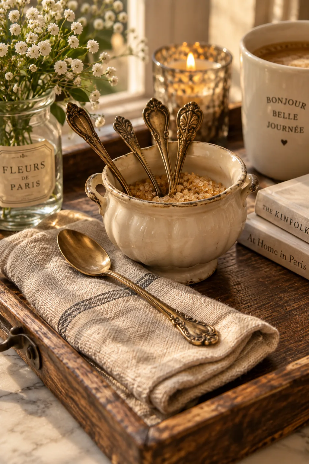 Vintage brass spoon resting on a linen napkin