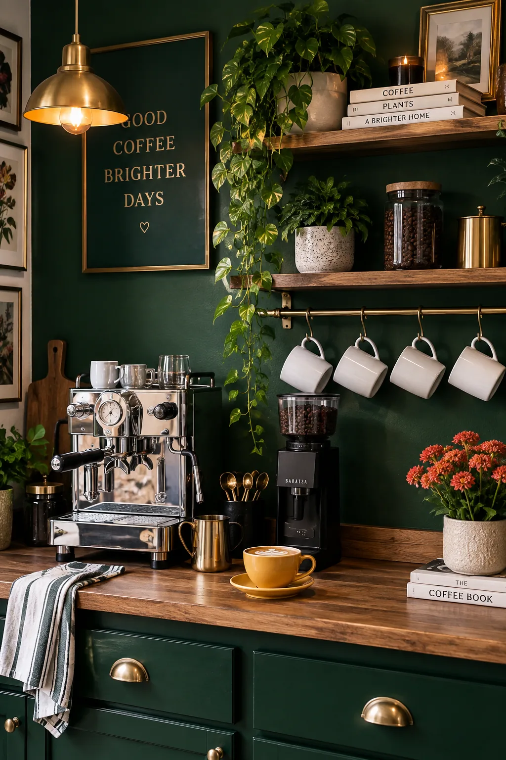 Dark charcoal accent wall behind an espresso machine