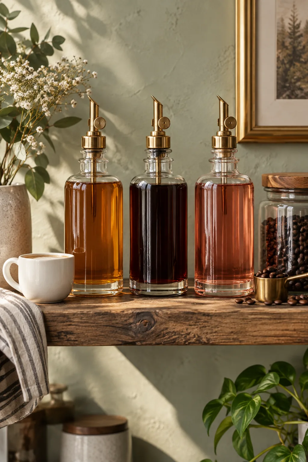Coffee syrups in glass apothecary bottles with gold spouts