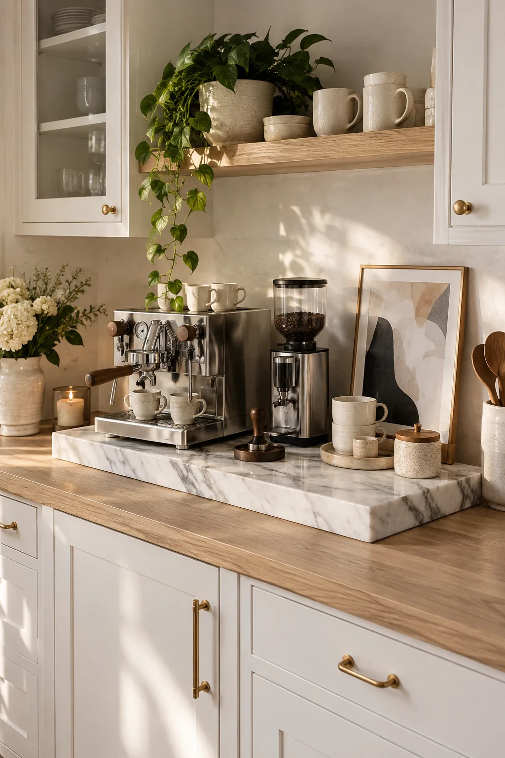 Marble pastry board used as a coffee station base