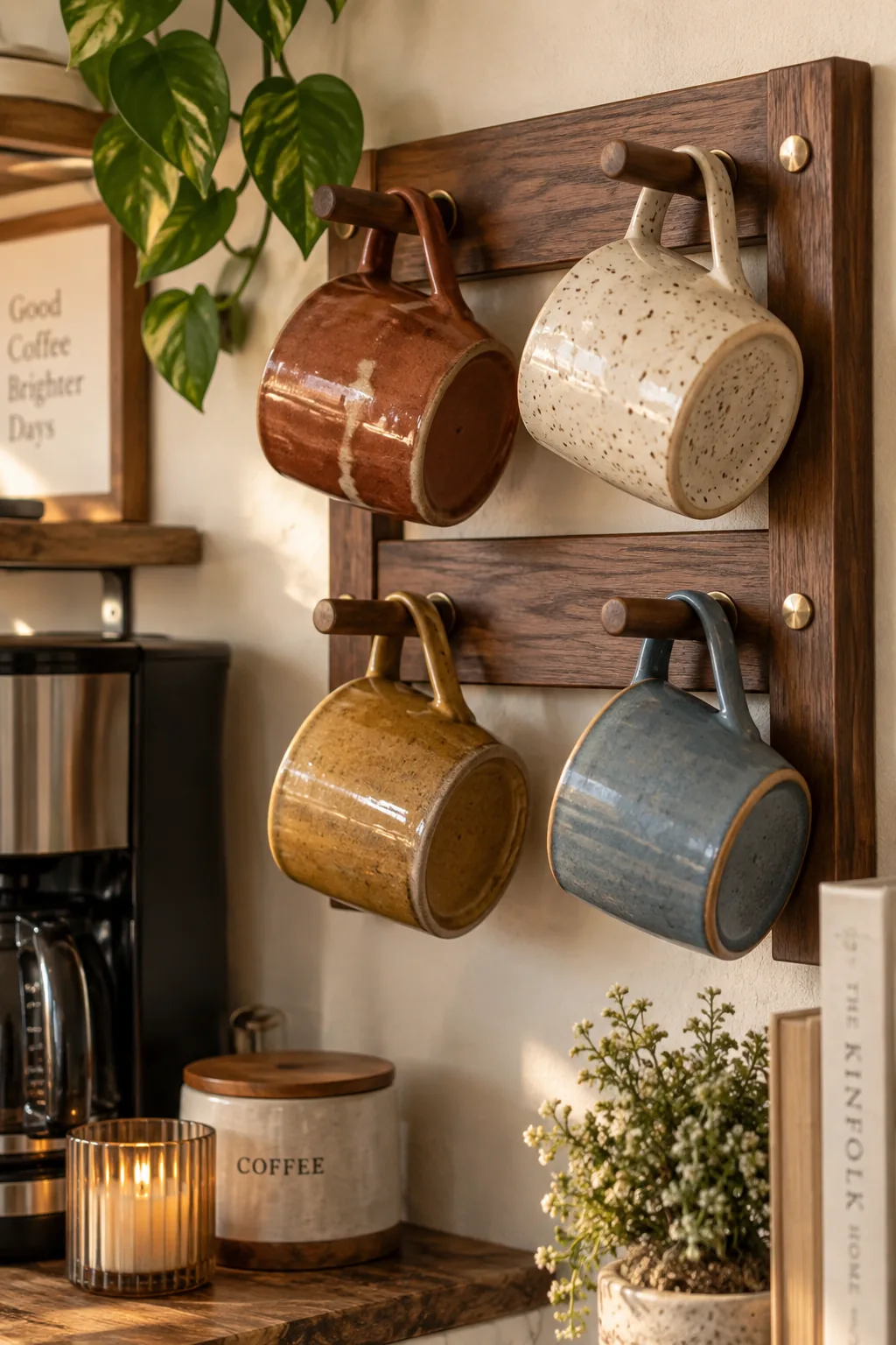 Wooden peg rack holding white coffee mugs