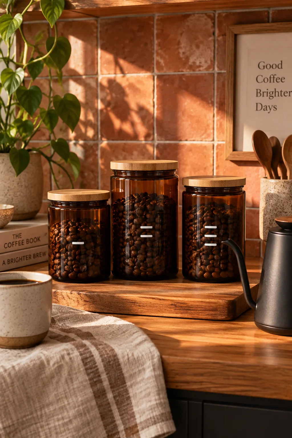 Amber glass jars filled with coffee beans