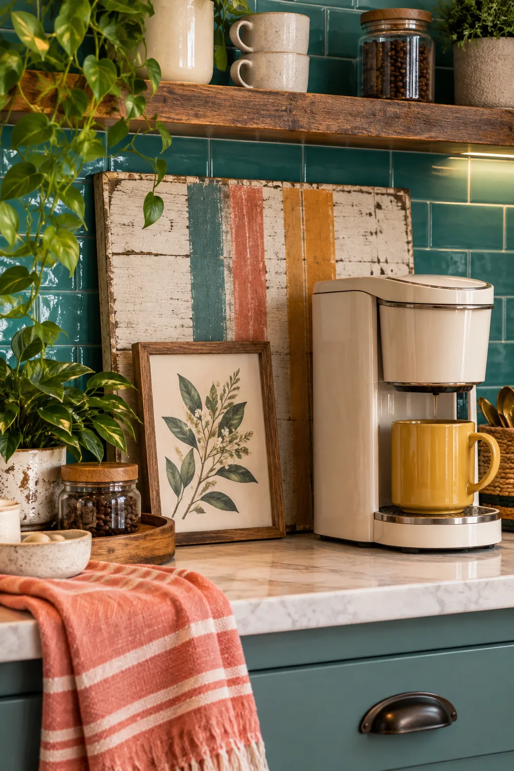 Farmhouse style sign leaning behind a coffee pot