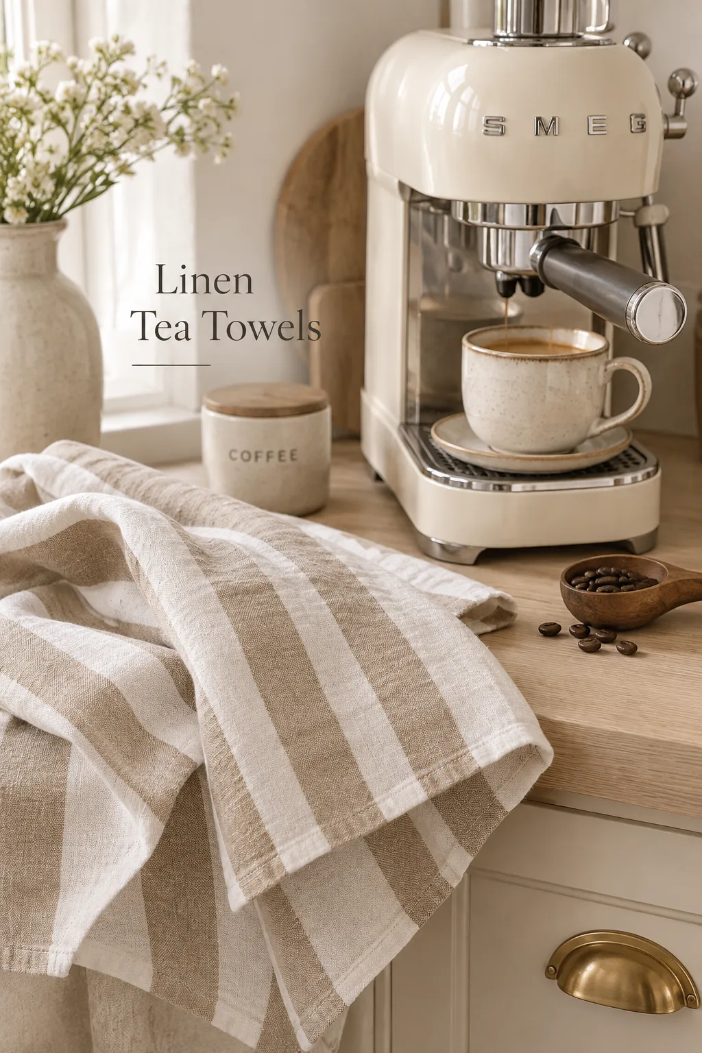 Striped linen tea towel draped under a coffee grinder